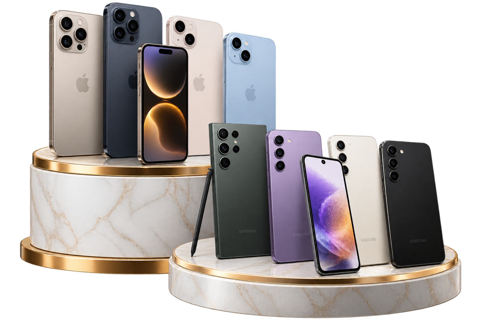 Selección de celulares Aurum sobre pedestales dorados