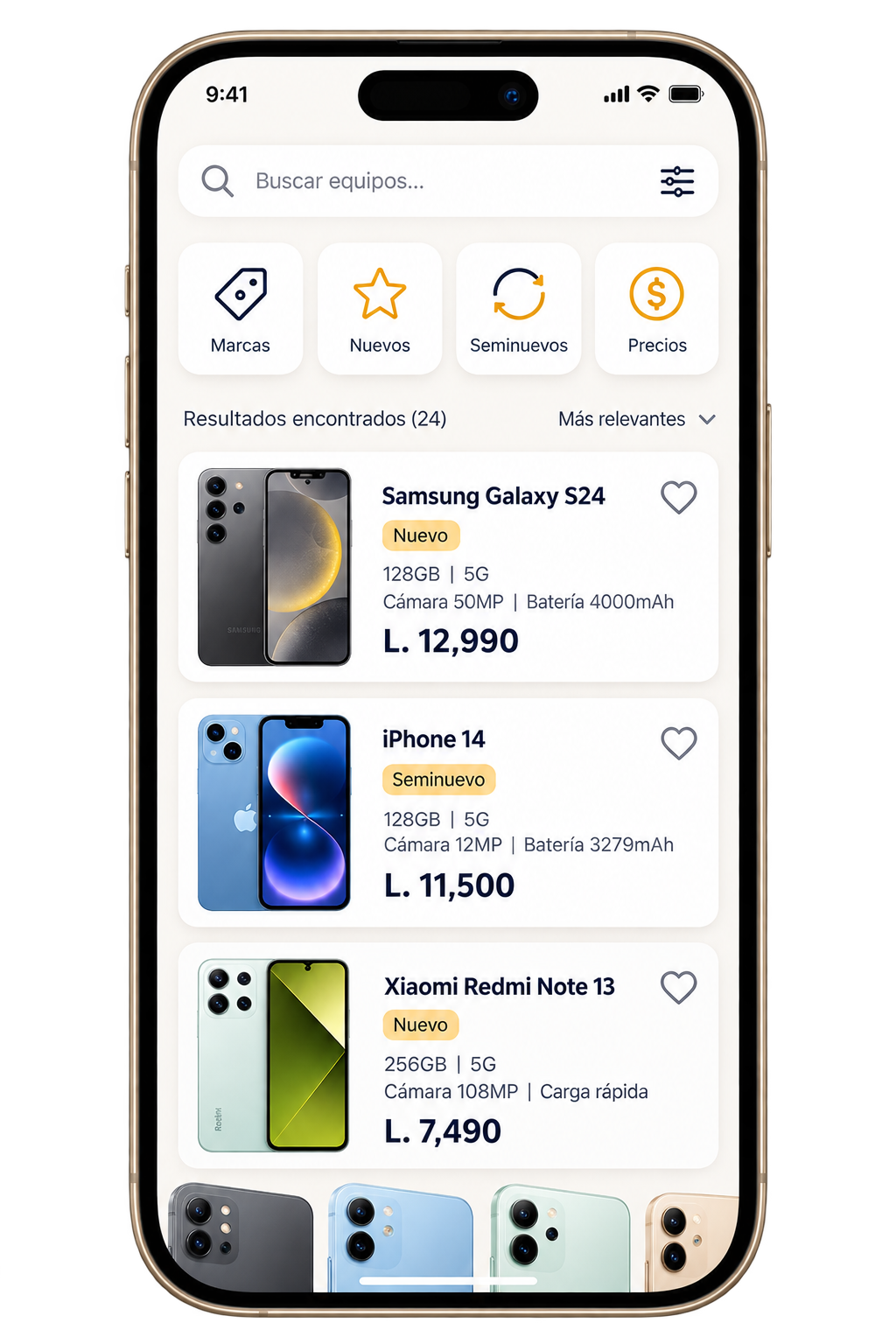 Teléfono Aurum mostrando el catálogo de equipos