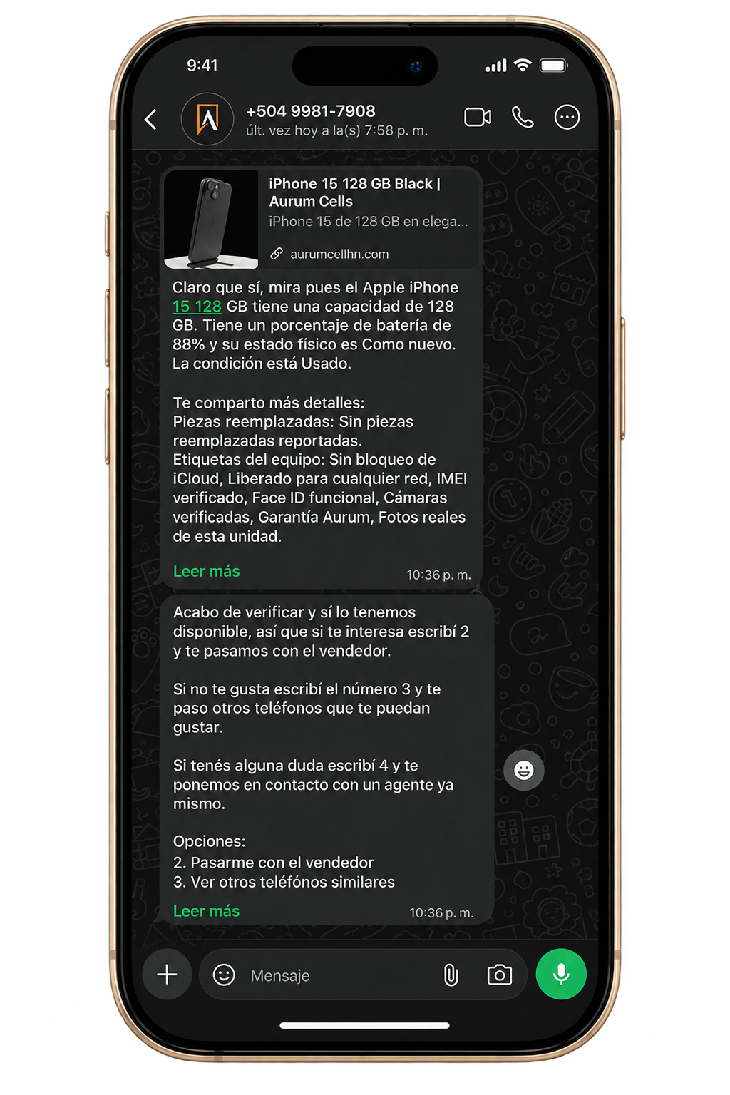 Conversación de atención de AurumCells por WhatsApp
